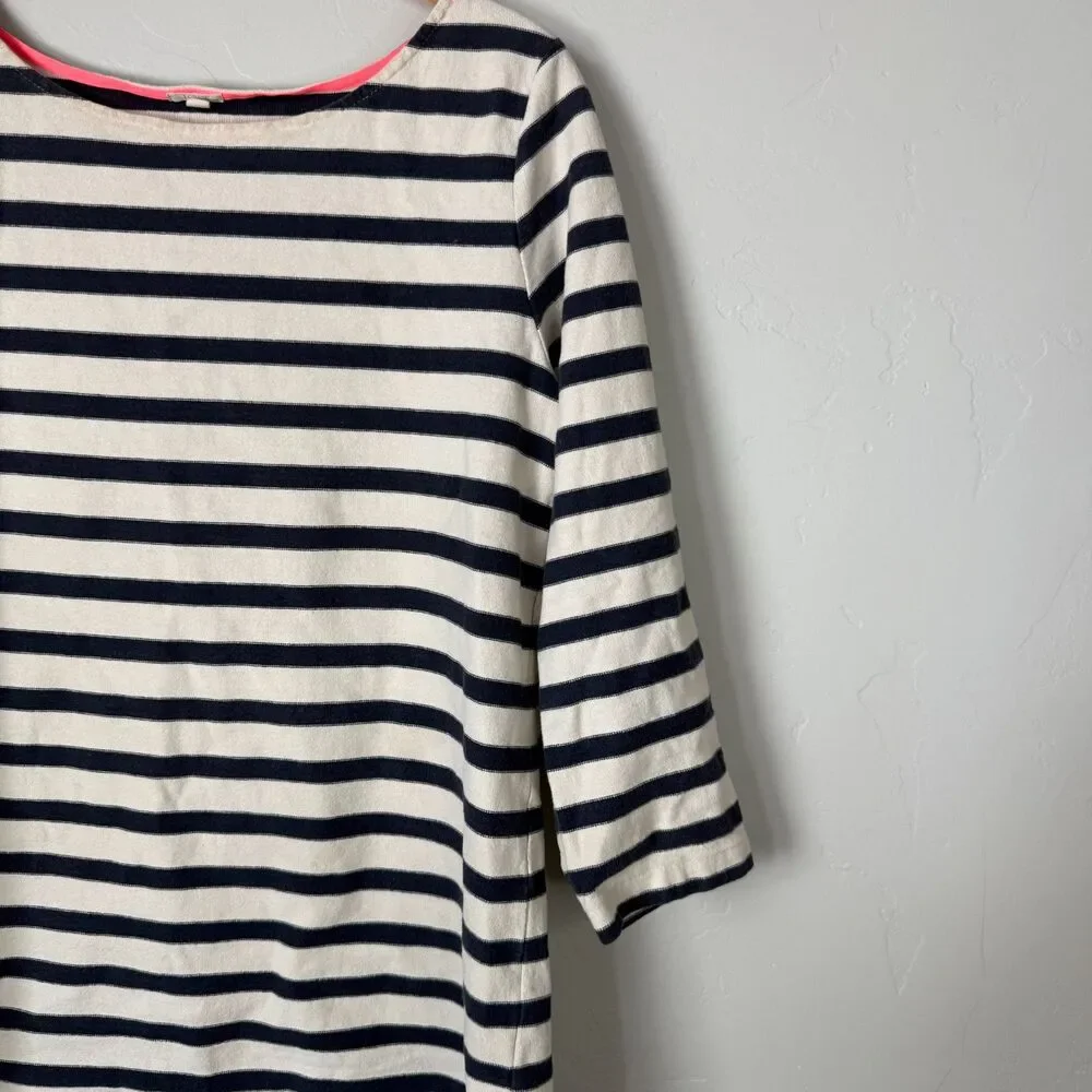 J.Crew Women's M Striped Boatneck Top Cream Navy 3/4 Sleeve Neon Pink Trim Knit